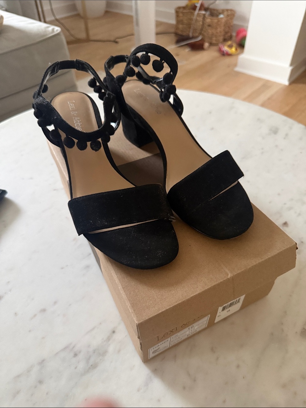 Black Pom-Pom Block Heel Sandals for Women